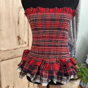 English Factory Red & Navy Smocked Tartan Tiered Ruffle Hem Skirt/top. Sz small